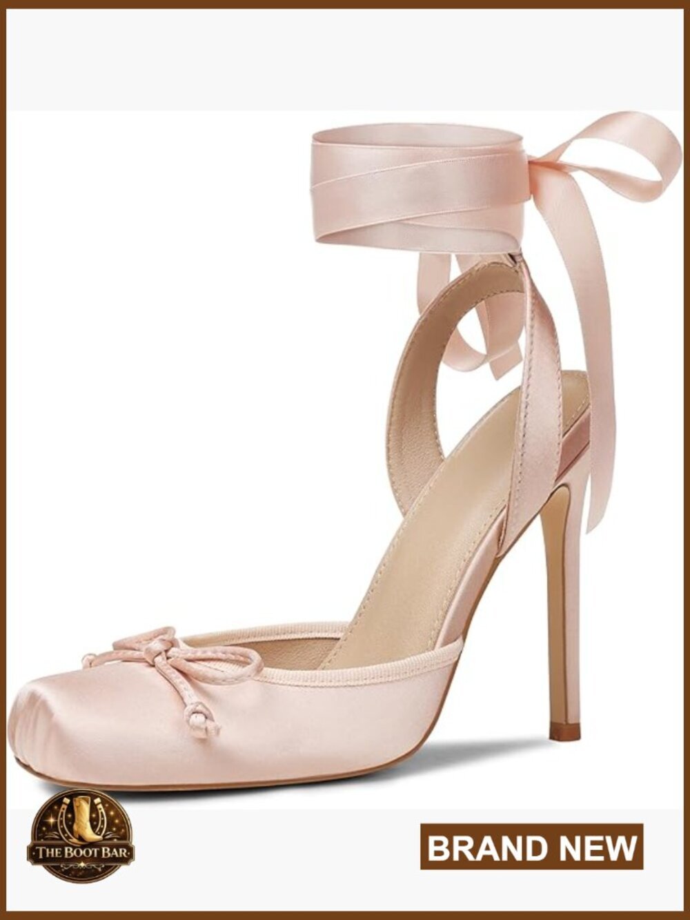 Satin Ballet Heels Stiletto Pumps Square Toe Slingback Bow Lace Up High Heels